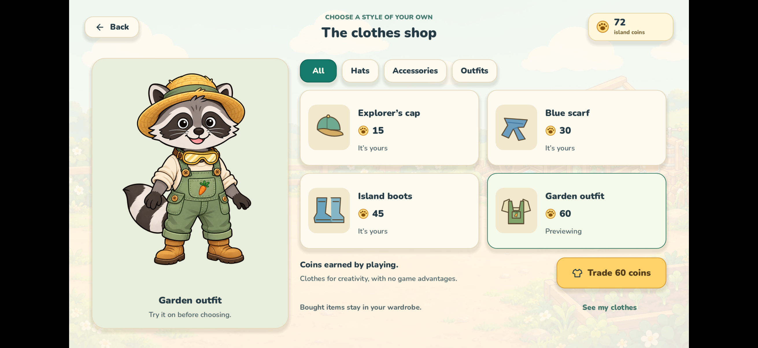 Outfits earned through play